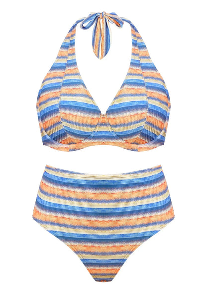 Multi Colored Striped Textured Halter Bikini Set