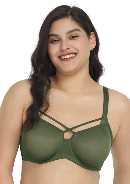 Billie Cross Front Strap Dark Green Smooth Sheer Mesh Underwire Bra