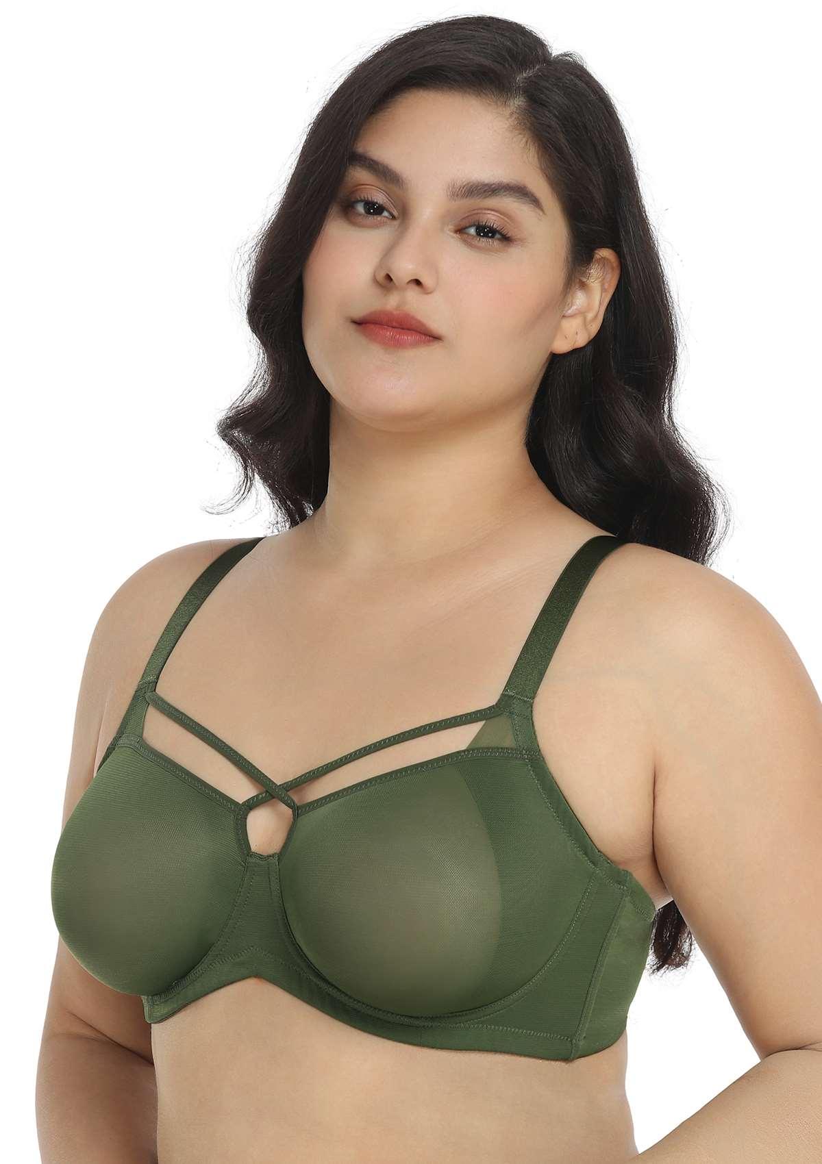 Billie Cross Front Strap Dark Green Smooth Sheer Mesh Underwire Bra