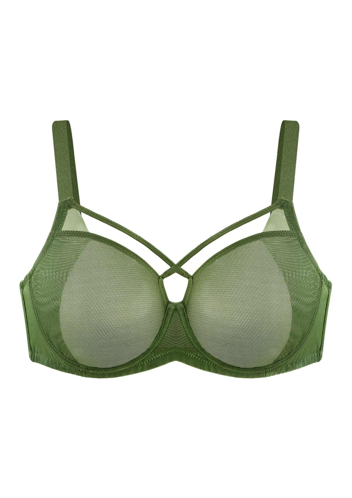Billie Cross Front Strap Dark Green Smooth Sheer Mesh Underwire Bra