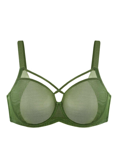 Billie Cross Front Strap Dark Green Smooth Sheer Mesh Underwire Bra
