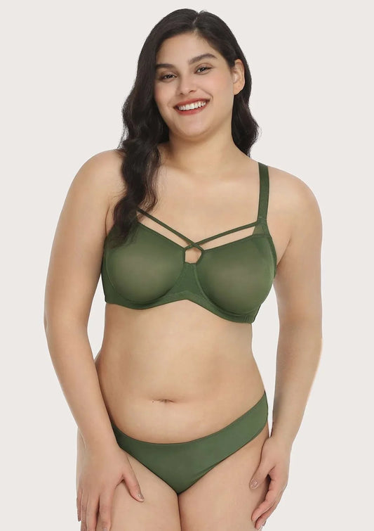 Billie Cross Front Strap Dark Green Smooth Sheer Mesh Underwire Bra