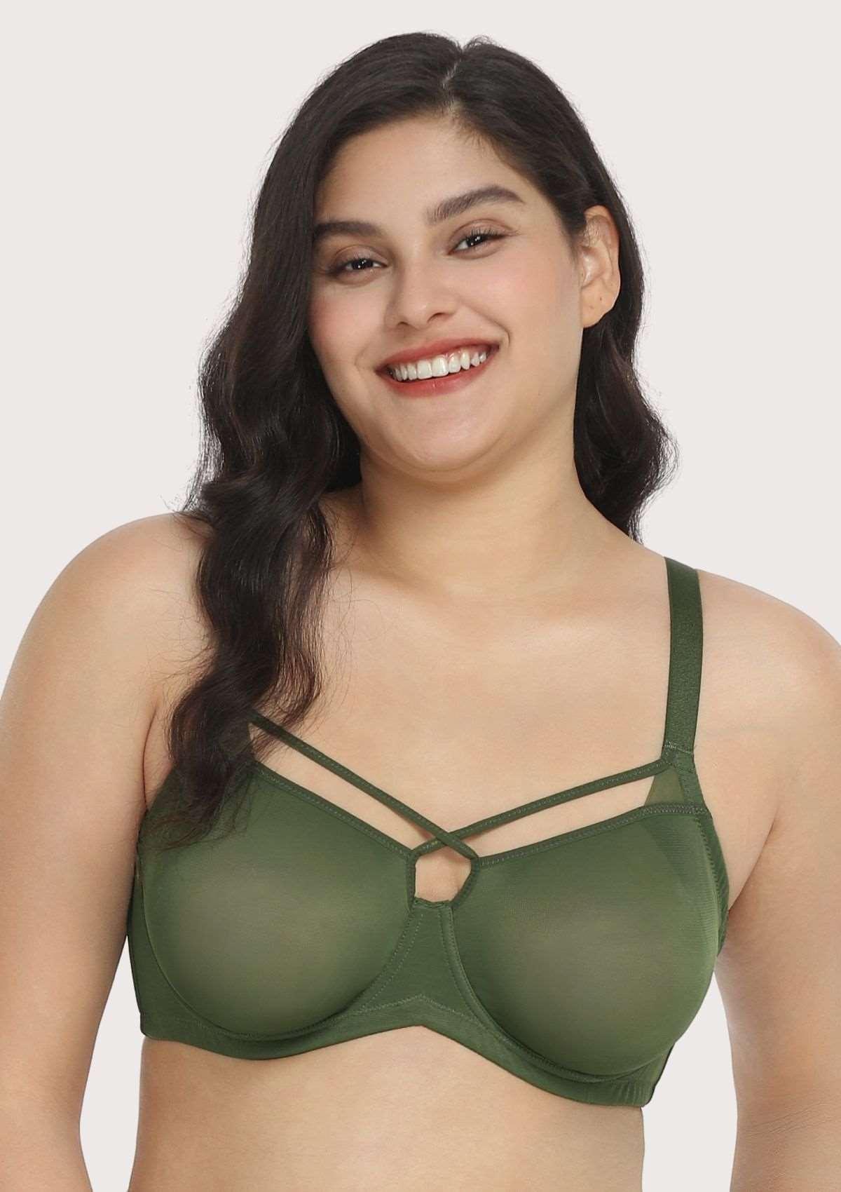 Billie Cross Front Strap Dark Green Smooth Sheer Mesh Underwire Bra
