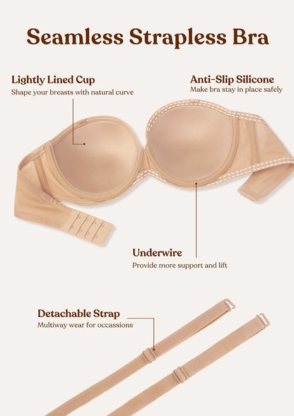 Seamless Lightly Lined Full Coverage Underwire Strapless Bra